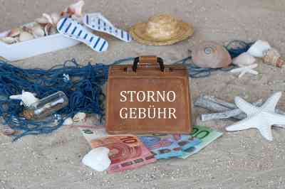 Sand, Muscheln, Geldscheine und Koffer mit Aufschrift Stornogebühr - © Racamani - stock.adobe.com